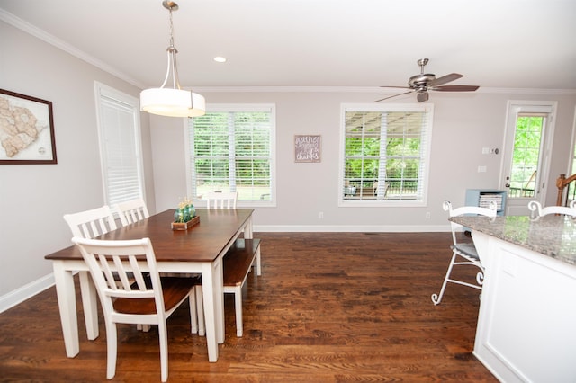 dining area with ornamental molding, a ceiling fan, baseboards, dark wood finished floors, and recessed lighting