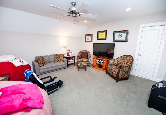 living area featuring carpet floors, vaulted ceiling, a ceiling fan, and recessed lighting