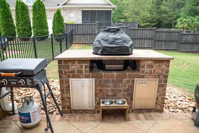 view of patio with a fenced backyard and a grill