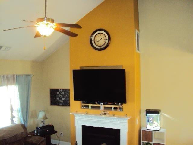 474 Slate, Boiling Springs, SC 29316 - living area with lofted ceiling, ceiling fan, and a fireplace