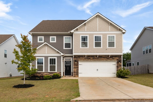 craftsman house with stone siding, driveway, and a garage