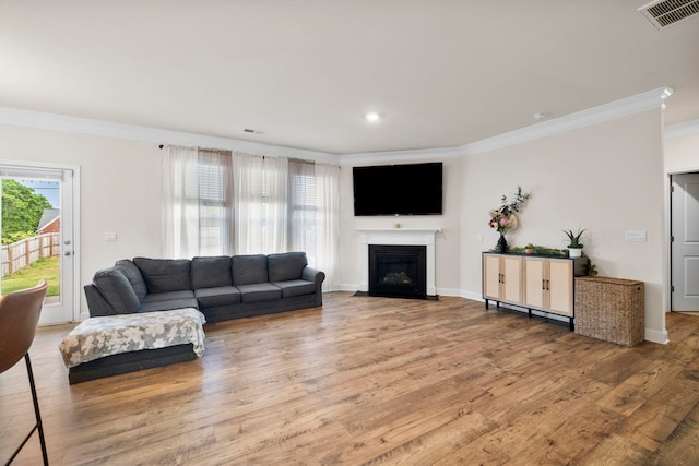 living area featuring ornamental molding, wood finished floors, a glass covered fireplace, baseboards, and recessed lighting