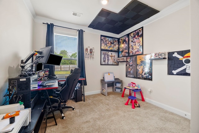 carpeted office featuring crown molding and baseboards