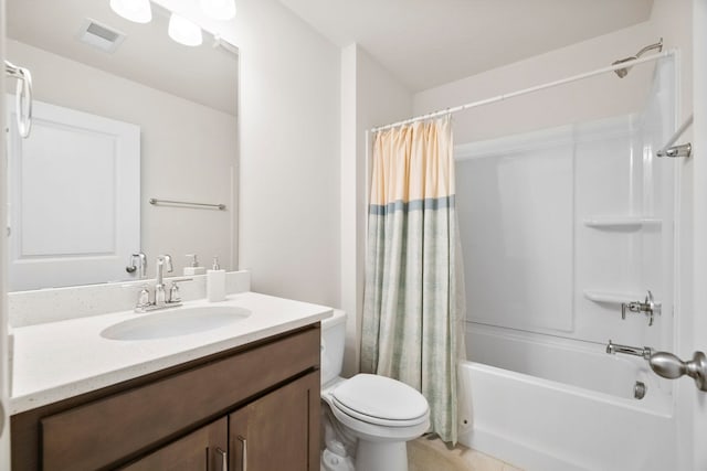 full bath featuring toilet, shower / bathtub combination with curtain, vanity, and tile patterned floors