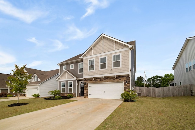 craftsman inspired home featuring stone siding, a garage, and concrete driveway