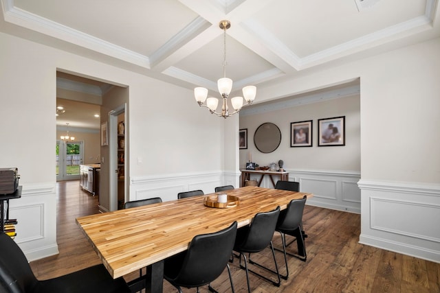 dining room featuring a chandelier, dark wood-style floors, ornamental molding, beamed ceiling, and coffered ceiling