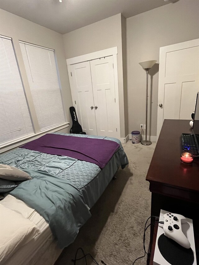 bedroom featuring carpet floors, a closet, and baseboards