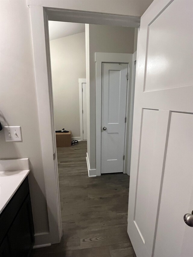 bathroom with wood finished floors and vanity