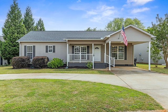 single story home featuring driveway, a porch, a front yard, and a shingled roof
