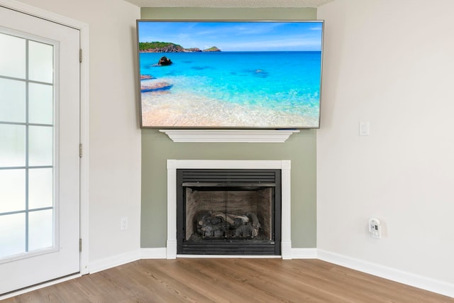 detailed view of wood finished floors, baseboards, and a fireplace