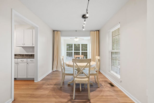 dining space with light wood finished floors, baseboards, rail lighting, and a ceiling fan