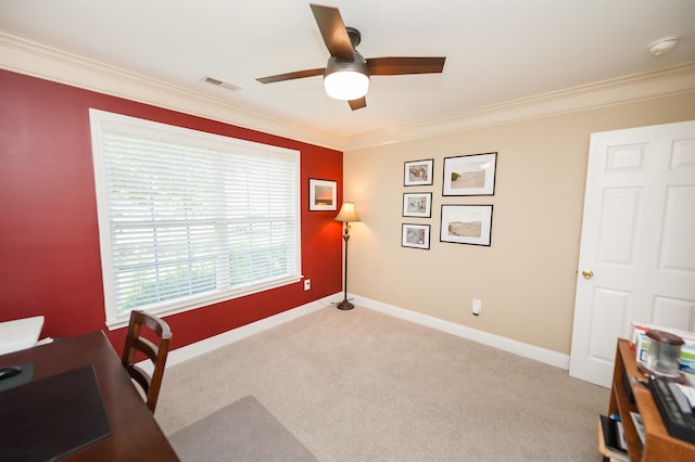 office with crown molding, ceiling fan, carpet floors, and baseboards