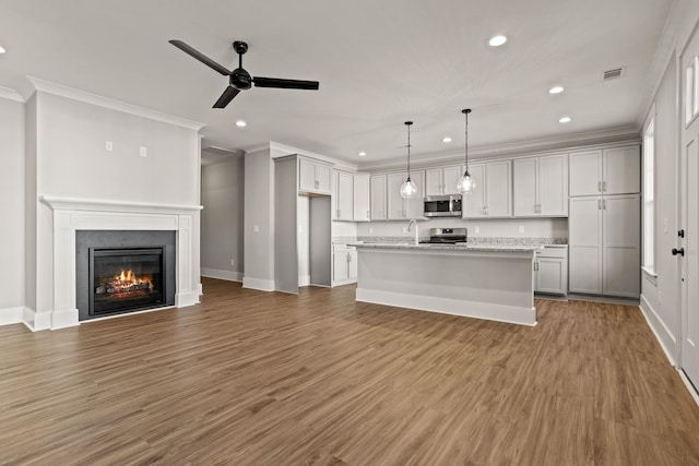 1325 S Pinot, Duncan, SC 29334 - kitchen with ornamental molding, appliances with stainless steel finishes, recessed lighting, a ceiling fan, and wood finished floors
