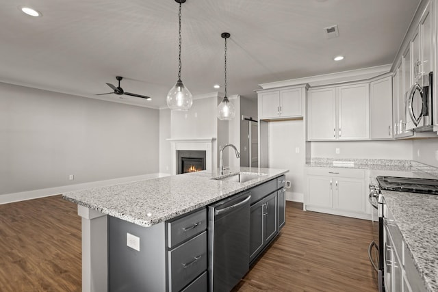 1325 S Pinot, Duncan, SC 29334 - kitchen featuring a sink, appliances with stainless steel finishes, a ceiling fan, open floor plan, and gray cabinetry
