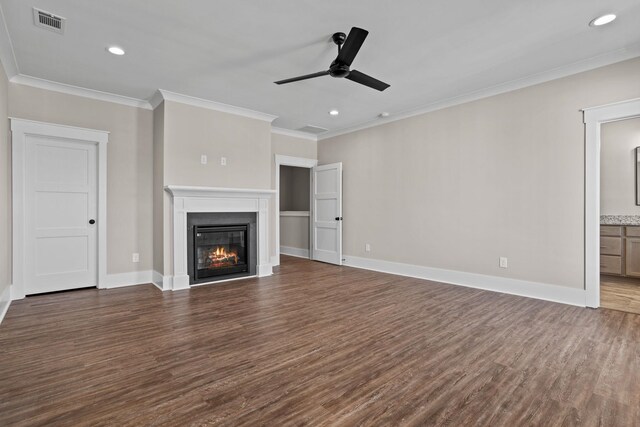 1305 S Pinot, Duncan, SC 29334 - unfurnished living room with a ceiling fan, ornamental molding, dark wood-style floors, recessed lighting, and a glass covered fireplace