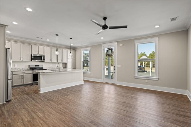1305 S Pinot, Duncan, SC 29334 - kitchen featuring appliances with stainless steel finishes, ornamental molding, recessed lighting, dark wood-style flooring, and ceiling fan