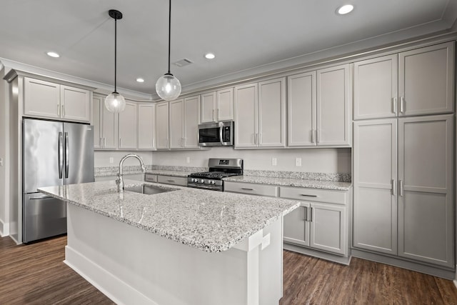1305 S Pinot, Duncan, SC 29334 - kitchen featuring stainless steel appliances, a sink, dark wood finished floors, a kitchen island with sink, and recessed lighting