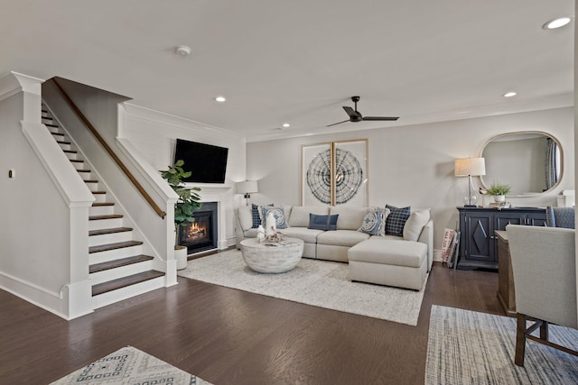 1200 N Pinot, Duncan, SC 29334 - living area featuring stairway, ceiling fan, a glass covered fireplace, recessed lighting, and dark wood-type flooring