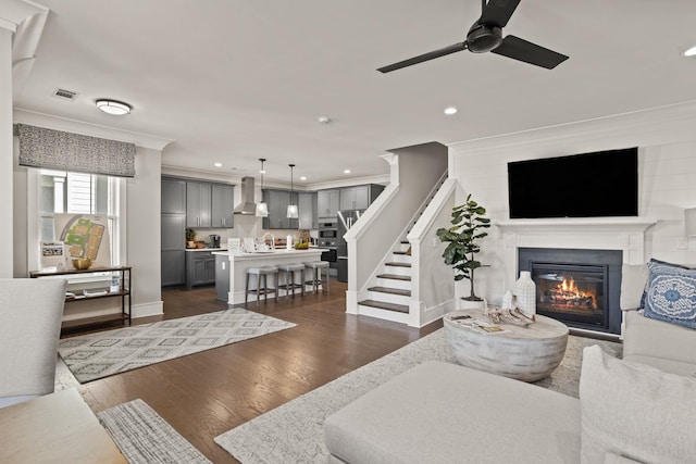1200 N Pinot, Duncan, SC 29334 - living area with ornamental molding, recessed lighting, a glass covered fireplace, ceiling fan, and dark wood-type flooring
