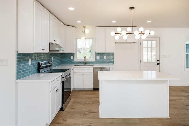 2 Willowood, Spartanburg, SC 29303 - kitchen with stainless steel appliances, a sink, under cabinet range hood, light wood-style flooring, and recessed lighting
