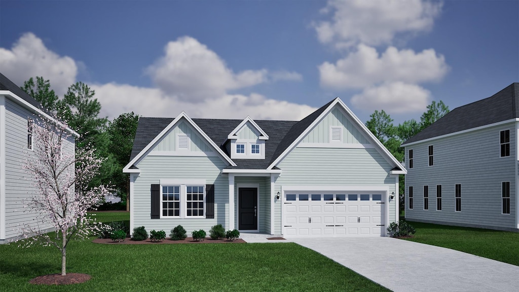 traditional home with board and batten siding, concrete driveway, a front lawn, and an attached garage