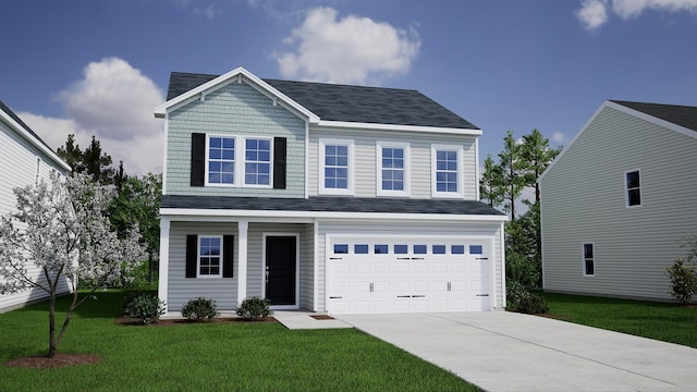 view of front facade featuring a garage, driveway, a front yard, and a shingled roof