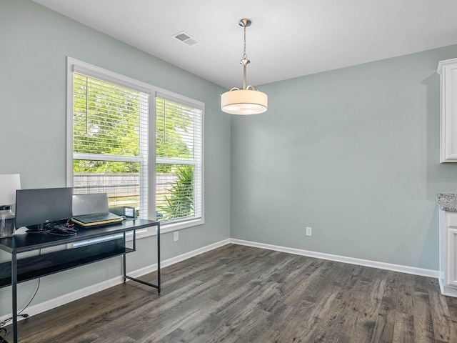 office featuring dark wood-style flooring and baseboards