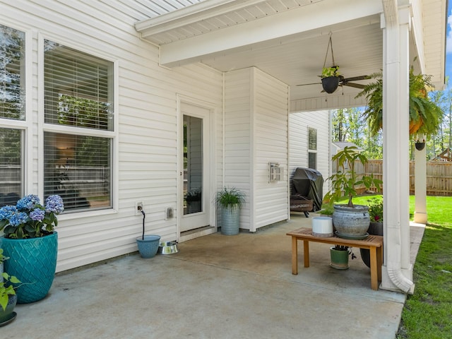 view of patio / terrace featuring ceiling fan, fence, and area for grilling