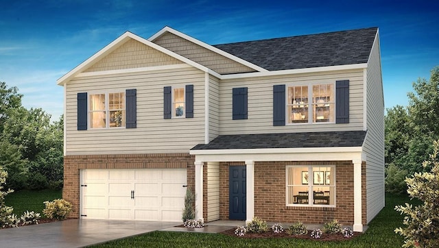 craftsman-style home with brick siding, an attached garage, driveway, and covered porch