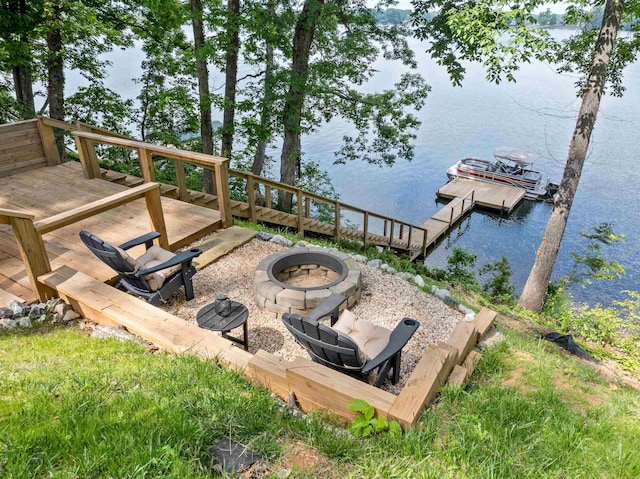 702 Lakewinds, Inman, SC 29349 - view of patio with an outdoor fire pit, a water view, and a dock