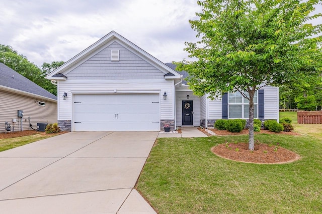view of front of home featuring driveway, stone siding, an attached garage, and central air condition unit