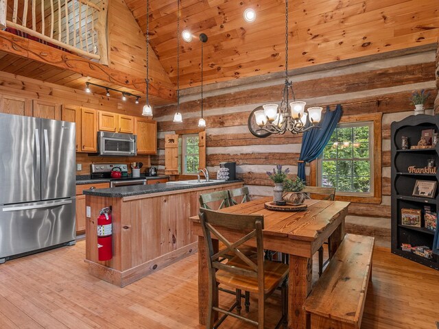 18 Lennox, Landrum, SC 29356 - kitchen with appliances with stainless steel finishes, dark countertops, light wood-style flooring, a sink, and wood ceiling