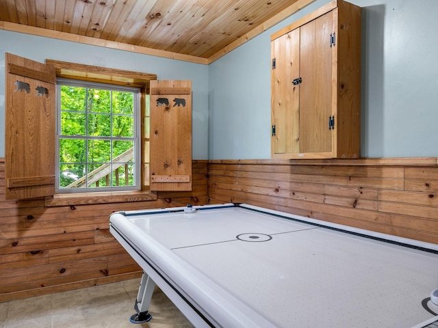 18 Lennox, Landrum, SC 29356 - game room featuring wood ceiling, wooden walls, and a wainscoted wall
