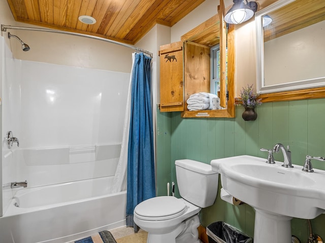 18 Lennox, Landrum, SC 29356 - bathroom featuring wood ceiling, toilet, shower / tub combo with curtain, a sink, and tile patterned flooring