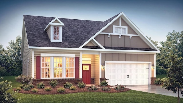 view of front of home with a shingled roof, a front lawn, an attached garage, and driveway