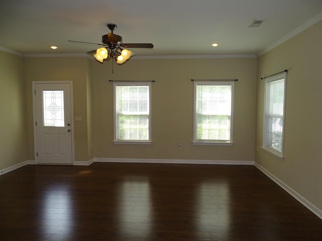 entryway with ceiling fan, dark wood-type flooring, baseboards, crown molding, and recessed lighting