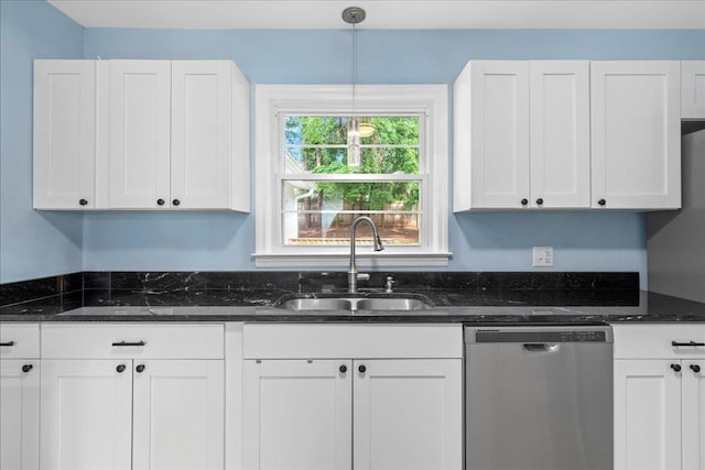 222 Woodview, Spartanburg, SC 29306 - kitchen featuring stainless steel dishwasher, a sink, white cabinets, and dark stone counters
