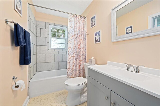 222 Woodview, Spartanburg, SC 29306 - bathroom featuring toilet, vanity, shower / tub combo with curtain, and tile patterned floors