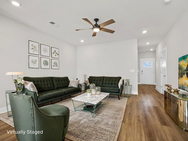 421 Hazelcote, Greenville, SC 29617 - living room with a ceiling fan, wood finished floors, recessed lighting, and baseboards