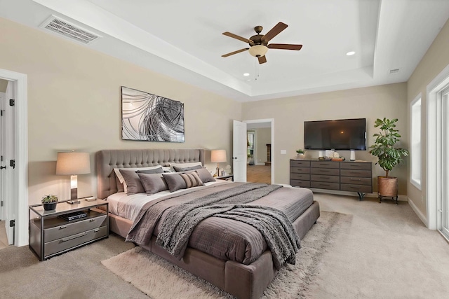 21 Old, American, Pendleton, SC 29670 - bedroom with carpet, a raised ceiling, recessed lighting, ceiling fan, and baseboards