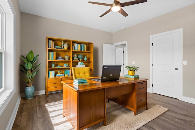 21 Old, American, Pendleton, SC 29670 - home office with a ceiling fan, dark wood finished floors, and baseboards