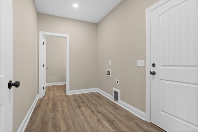 21 Old, American, Pendleton, SC 29670 - clothes washing area with electric dryer hookup, wood finished floors, baseboards, hookup for a washing machine, and recessed lighting