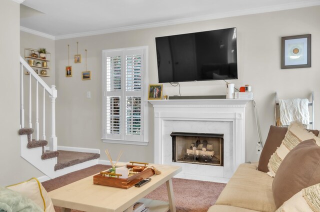 106 Rockport, Pacolet, SC 29372 - carpeted living room featuring stairs, ornamental molding, and a fireplace