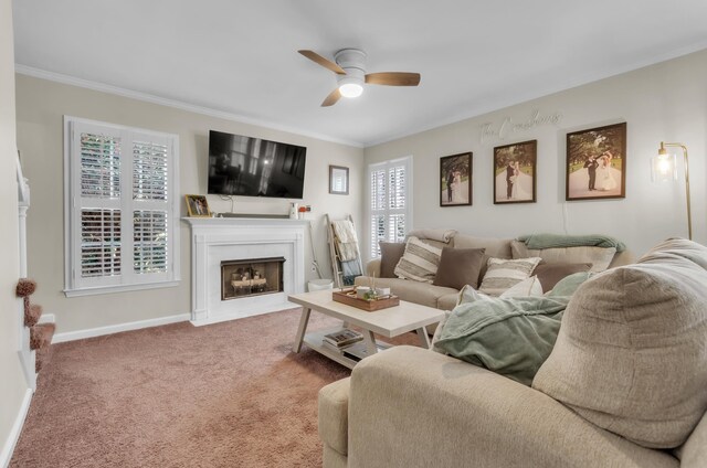 106 Rockport, Pacolet, SC 29372 - living area with a ceiling fan, crown molding, carpet flooring, baseboards, and a fireplace with flush hearth