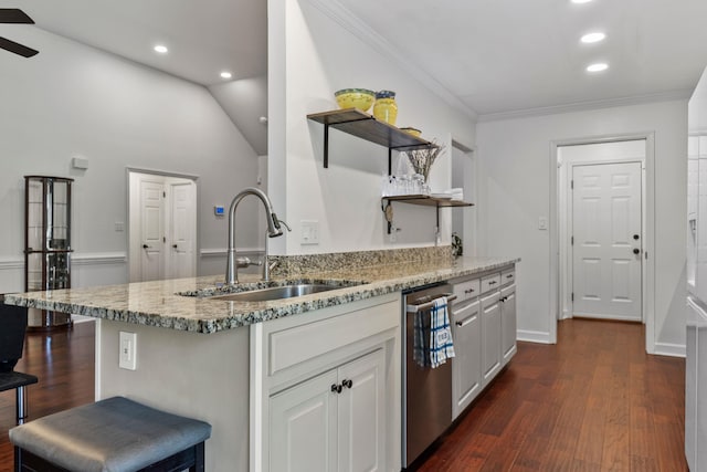 413 Rambling Rose, Moore, SC 29369 - kitchen with open shelves, a sink, stainless steel dishwasher, light stone counters, and recessed lighting