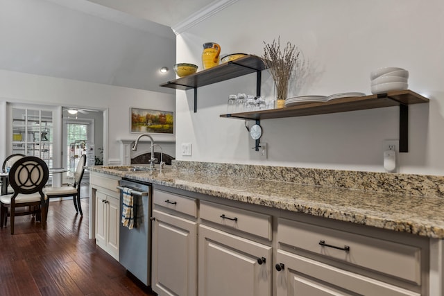 413 Rambling Rose, Moore, SC 29369 - kitchen featuring open shelves, dishwasher, a sink, light stone counters, and dark wood-style floors