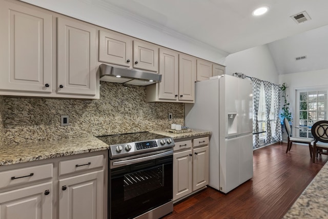 413 Rambling Rose, Moore, SC 29369 - kitchen with under cabinet range hood, stainless steel electric range, white refrigerator with ice dispenser, tasteful backsplash, and dark wood-type flooring