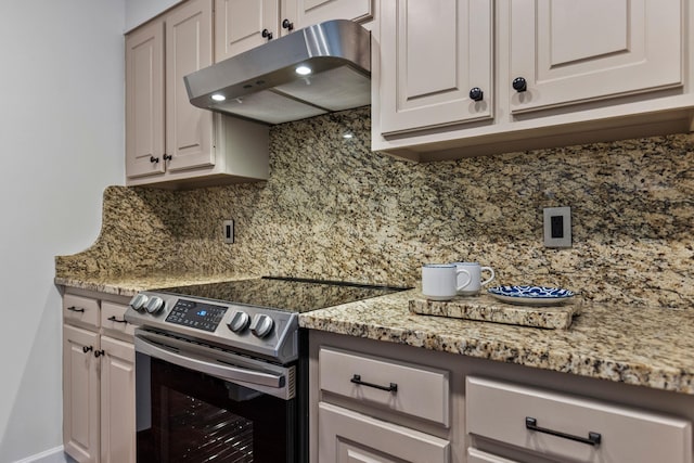 413 Rambling Rose, Moore, SC 29369 - kitchen featuring electric range, under cabinet range hood, tasteful backsplash, and light stone countertops