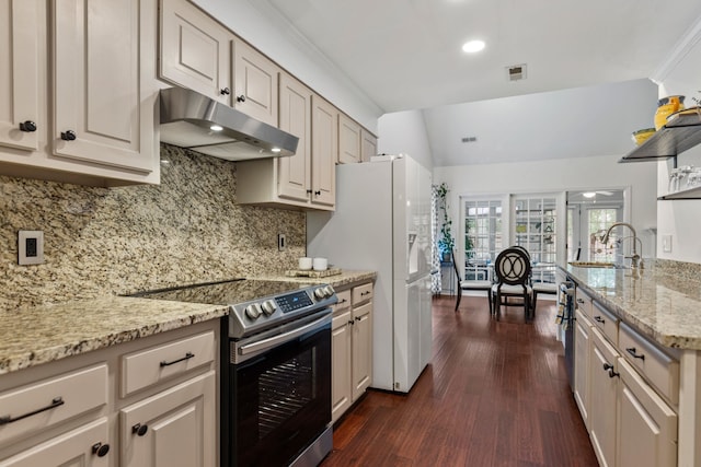 413 Rambling Rose, Moore, SC 29369 - kitchen with electric range, under cabinet range hood, dark wood finished floors, a sink, and light stone counters