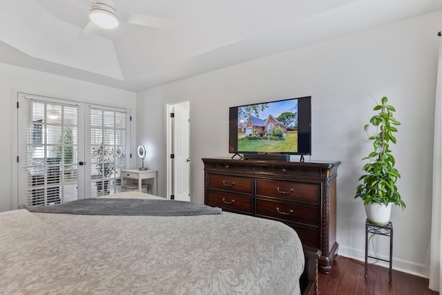 413 Rambling Rose, Moore, SC 29369 - bedroom featuring dark wood finished floors, baseboards, access to exterior, a tray ceiling, and ceiling fan